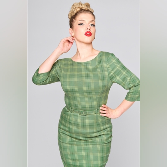 NWOT Collectif Adaline Leaf Check Green Plaid Fitted Wiggle Dress - Picture 4 of 15